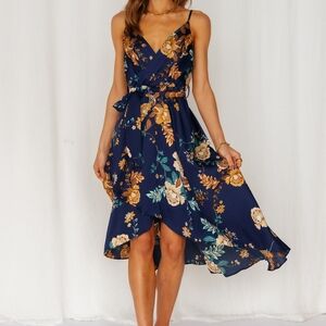 Hello Molly Falling In Style Satin Faux Wrap Midi Dress Navy MEDIUM